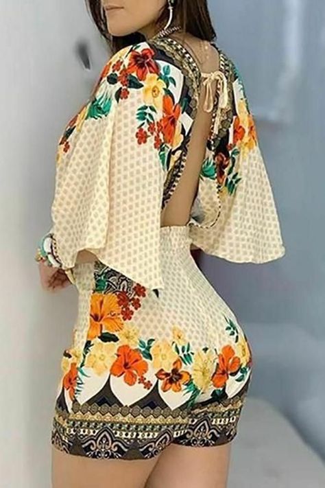 9327969053c0068dd9e07c529866b94ddesc45992258ri Loose Playsuit, Tato Setengah Lengan, Backless Playsuit, Womens Jumpsuits Casual, Romper Pattern, Floral Print Rompers, Modieuze Outfits, Casual Jumpsuit, Printed Rompers