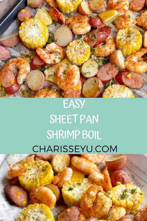 This Easy Sheet Pan Shrimp Boil is straight forward to make and comes in two versions - kid-friendly and nice n' spicy. You can control how much spice you add! Shrimp boils are great for sitting around he table and digging in - there's a real communal feel to it. Try it for dinner! Sheet Pan Shrimp Boil, Pan Shrimp Boil, Sheet Pan Shrimp, Pan Shrimp, Thug Kitchen, Epic Meal Time, Seafood Shrimp, Sheet Pan Dinners Recipes, Easy Seafood