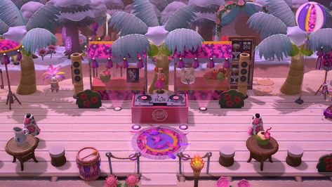 Acnh Beach Party Ideas, Acnh Dj Designs, Acnh Music Festival, Acnh Club Design, Acnh Dance Floor Design, Animal Crossing Dj Area, Animal Crossing Festival Ideas, Acnh Festivale Designs, Animal Crossing Concert Area