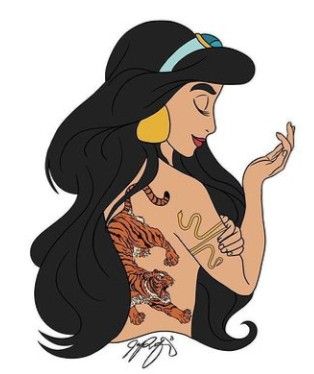 Princess Jasmine Tattoo, Bad Disney, Jasmine Drawing, Jasmine Tattoo, Twisted Disney Princesses, Goth Disney Princesses, Disney Punk, Goth Disney, Disney Sleeve