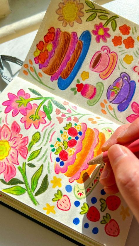 a little tea time in my sketchbook 🍓🌷🍰 | Instagram Two Color Drawing, Colourful Sketchbook Ideas, Color Pencil Illustration Simple, Cute Colored Pencil Drawings, Sketchbook Colored Pencil, Patchwork Drawing, Planner Illustrations, Pastels Illustration, Art Styles Inspiration