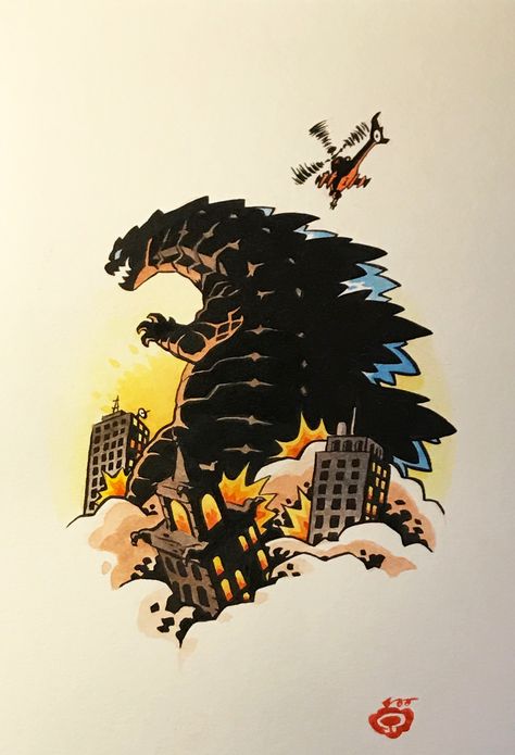 Godzilla Comic Art, Monster Destroying City, Traditional Godzilla Tattoo, Godzilla Tattoo Ideas, Kaiju Tattoo, Godzilla Tattoo Design, Godzilla Illustration, Godzilla City, Godzilla Cartoon