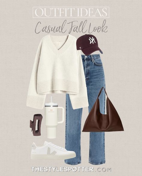 Shop Fall Outfits, Brown Ny Hat Outfit, Cream Cardigan Outfit Aesthetic, White Purse Outfit Ideas, Baseball Hat Fall Outfit, Neutral Outfit Ideas Fall, Rich Old Money Aesthetic Outfits, Savannah Georgia Outfit Winter, Fall Coffee Date Outfit