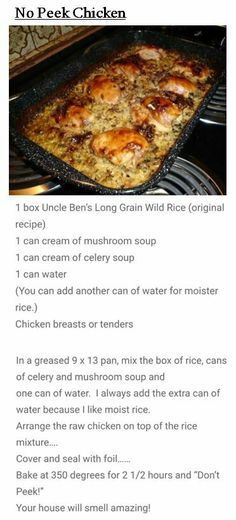 No Peek Chicken. Delicious but next time use one can of water and half of rice seasoning so less salty. Wild Rice Bake, No Peek Chicken, No Peek, Rice Seasoning, Rice Bake, Chicken And Wild Rice, Turkey Dishes, Chicken Main Dishes, Easy Casserole Recipes