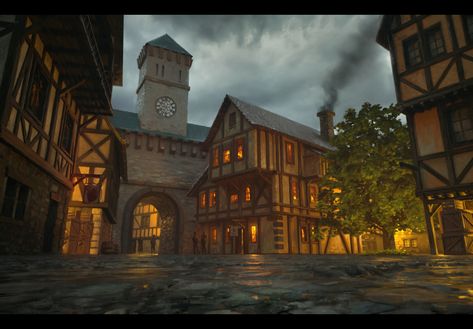 Medieval Inn, René Aigner on ArtStation at https://www.artstation.com/artwork/4mDV4 Medieval Inn, Fantasy Inn, Kakariko Village, Medieval Aesthetic, Fantasy Town, Jaime Lannister, Fantasy Background, Rpg Map, Medieval World