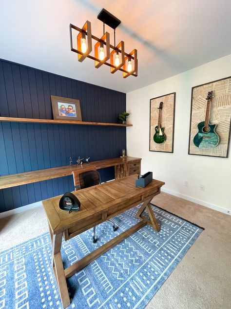 Rustic Blue Shiplap Office With Guitar Display.  The beautiful touches of woods and blue accent wall gave this office so much textures. The display of the guitars were a unique diy specific for this office. Shiplap Office, Blue Shiplap, Midcentury Modern Office, Open Concept Office, Guitar Display, Minimalist Home Office, Blue Accent Walls, Office Guest Room, Accent Walls In Living Room