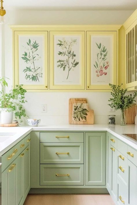 Alt tag: Bright sage green kitchen featuring yellow accents, stylish cabinetry, and natural light. Yellow And Sage Kitchen, Yellow And Green Kitchen, Green And Yellow Kitchen, Bright Sage Green, Sage Green Kitchens, Sage Green Kitchen Ideas, Sage Green Kitchen Walls, Sage Green And Yellow, Lime Kitchen