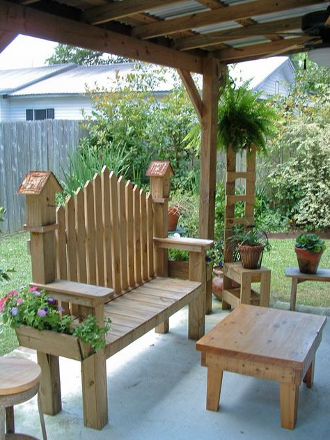 Birdhouse bench and table, etc. Birdhouse Bench, Chris Simpson, Garden Bench Ideas, Beach Cottage Furniture, Rustic Outdoor Benches, Yard Benches, Bench And Table, Wood Bench Outdoor, Wall Bench