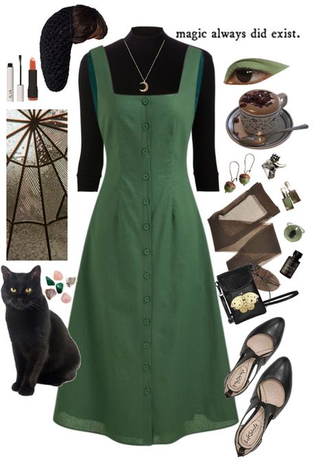 Witchy Cottagecore Outfit, Green Witch Clothes, Witchy Casual Outfit, Cozy Witch Outfit, Spring Witch Outfit, Kitchen Witch Outfit, Green Witch Aesthetic Fashion, Modern Witch Aesthetic Outfit, Black Crop Turtleneck