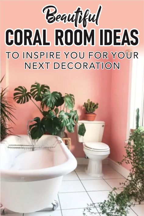 Peach Colored Bathrooms, Coral Home Office, Coral Bathroom Walls, Coral Room Ideas, Coral Bathroom Ideas, Bold Bathroom Colors, Coral Color Combinations, Coral Bathroom Decor, Terracotta Living Room