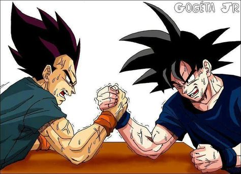 #OMG if #Goku & #Vegeta had just done this from the beginning  the earth would have been baldly damaged SMH -_- Dragonball Crossover, Vegeta Y Trunks, Goku Y Vegeta, Arm Wrestling, Vegeta And Bulma, Dragon Ball Z Shirt, Goku Vs, Anime Friendship, Goku And Vegeta