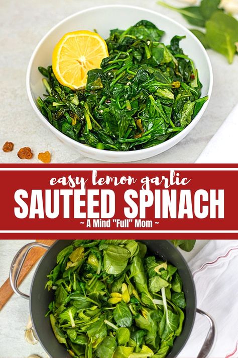 Sauteed Spinach is an easy and healthy side dish that can be made in just a few minutes with only a few ingredients. Dressed up with golden raisins, garlic, red pepper flakes, and lemon, this sauteed spinach recipe is anything but bland. #spinach #sidedish #glutenfree #veganrecipes Sauté Spinach, Easy Spinach Recipes, Spinach Side, Alkaline Meals, Cooked Spinach, Healthy Greens, Recipes Potato, Easy Vegetable, Recipes Soup