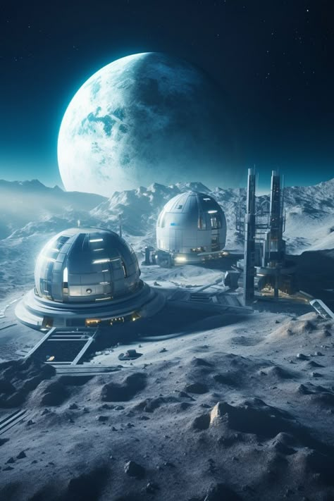 Futuristic Moon City, Sci Fi Moon Base, Moon Base Concept Art, Space Base Concept Art, Alien Spaceship Concept, Alien Planet Concept Art, Moon Concept Art, Moon Architecture, Sci Fi Planets