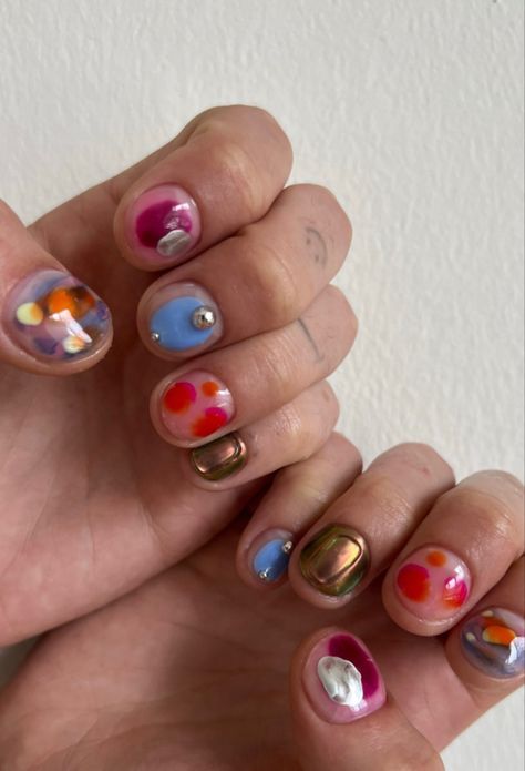 Trendy Nails With Gems, Jelly Nails 2023, Jelly Fruit Nails, 0.5 Nail Pics, Chunky Short Nails, Nail Designs Jelly Nails, Jelly Short Nails, Korean Jelly Nails Designs, Short Nails Jelly