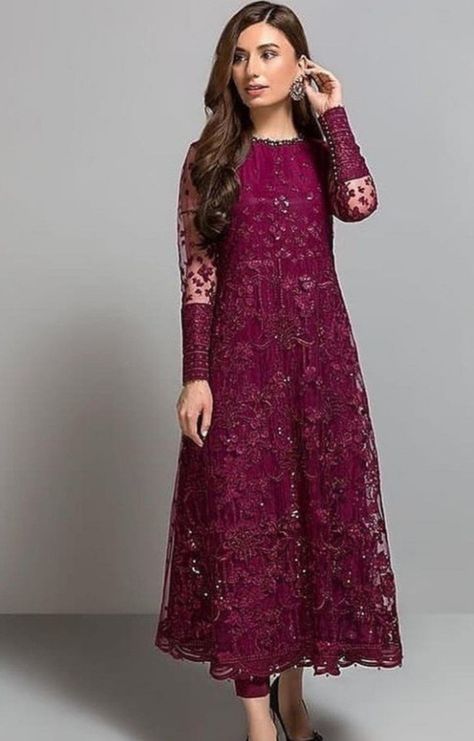 Wine Colour Frock, Net Sharara Suit, Net Sharara, Designing Dress, Long Kameez, Frock Suit, Designer Patterns, Anarkali Dress Pattern, Latest Dress Design