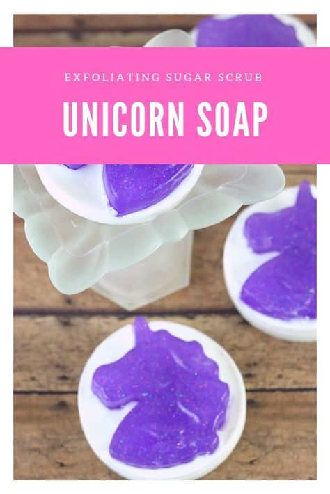 How to make unicorn exfoliating bar soap to remove dead skin. How to make unicorn embeds for a sugar scrub soap recipe. Use white and clear melt and pour soap base for this tutorial. This is a great gift ideas products for friends or teachers. It has additives like oil and sugar for your skin. This fun unicorn designs uses a soap mold.  This simple fun tutorials is great for beginners. DIY recipe with a cute design. #soap #unicorn Soap Bar Recipe, Homemade Soap Molds, Exfoliating Soap Bar, Unicorn Soap, Liquid Soap Making, Soap Making Tutorials, Diy Soap Bars, Scrub Exfoliating, Cold Process Soap Recipes