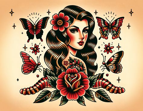 Butterfly Woman Classic American Traditional Art | Tattoo Flash Print | Wall Decor | Homeware By Wicked Rebels 🖌️ Artist All art is sketched out and colored by hand then made into digital copies by Eddie and Eileen at Wicked Rebels Co. 📏 SIZES: 8.5 x 11 Inches 11 x 17 Inches 13 x 19 Inches Printing on the highest quality paper. You won't find better quality any where else! 🚚 SHIPPING: We may ship the same day if not the following day. We make sure orders go out first thing in the morning. 🖼️ Lana Del Rey Traditional Tattoo, American Traditional Woman Face Tattoo, Feminine American Traditional Tattoos Black, Independent Women Tattoos, American Traditional Woman Tattoo, American Traditional Pinup Tattoo, Traditional Tattoo Sleeve Women, Woman Flash Tattoo, Traditional Indian Tattoo