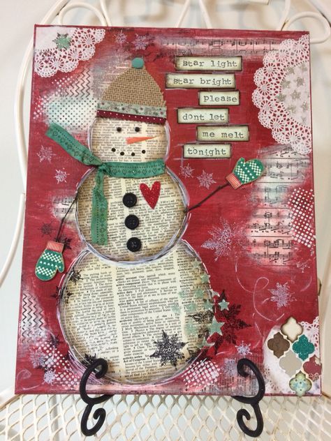 Snow much Fun making this Mixed Media Snowman Canvas! Multi Media Christmas Art, Mixed Media Snowman, Mixed Media Christmas Canvas, Christmas Art Journal Ideas, Winter Mixed Media Art, Christmas Mixed Media Art, Christmas Art Journal Pages, Mixed Media Christmas Art, Mixed Media Canvas Ideas