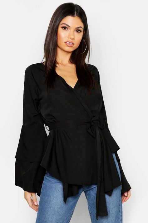 boohoo Tie Waist Frill Sleeve Wrap Blouse Civil Wedding Dresses, Women Hats Fashion, Dressy Pants, Feminine Women, Latest Tops, Women's Tie, Frill Sleeves, Civil Wedding, Womens Tie