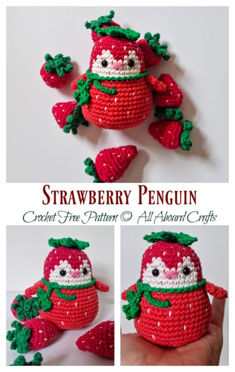 Amigurumi Strawberry Penguin Crochet Free Pattern - Crochet & Knitting Crochet Strawberry Things, Free Crochet Stuffies Patterns, Knitted Plushies Patterns, Crochet Strawberry Amigurumi, Free Pattern Crochet Animals, Free Strawberry Crochet Pattern, Strawberry Amigurumi Free Pattern, Kawaii Amigurumi Free Pattern, Free Crochet Pattern Strawberry