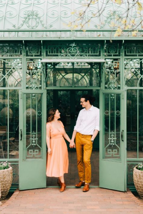 Couple posing in front of greenhouse for their engagement session Denver Botanic Gardens Engagement Photos, Denver Botanic Gardens Wedding, Engagement Concept, Colorado Honeymoon, Denver Engagement Photos, Denver Elopement, Types Of Weddings, Engagements Pictures, Colorado Engagement Photos