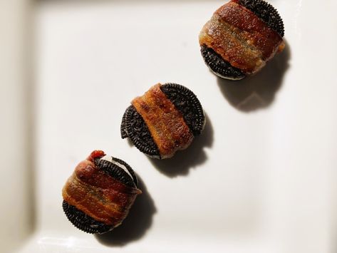 Bacon Wrapped Oreos - Mama Bear's Recipes Bacon Wrapped Oreos, Bacon Cookies, Bear Recipes, Bacon Wrapped, Christmas Dinner, Baking Sheet, The Oven, Oreo, Sweet Tooth