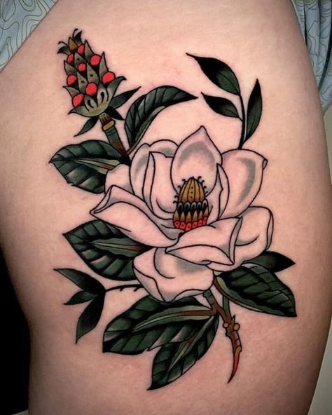 Gardenia Tattoo Traditional, Neo Traditional Magnolia Tattoo, American Traditional Magnolia Tattoo, Traditional Magnolia Tattoo, Magnolia Reference, Gardenia Tattoo, Grace Tattoos, Tiger Tattoos, Magnolia Tattoo