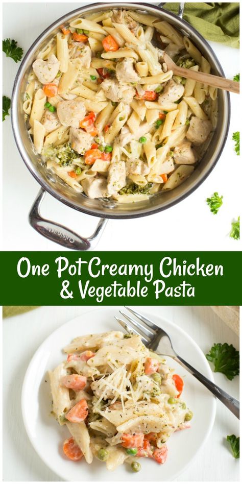 One Pot Creamy Chicken and Vegetable Pasta recipe from RecipeGirl.com #one #pot #onepot #creamy #chicken #vegetable #pasta #dinner #recipe #RecipeGirl Creamy Chicken Veggie Pasta, Garlic Chicken Pasta With Vegetables, Chicken And Vegetable Pasta Recipes, Pasta With Vegetables And Chicken, Chicken And Elbow Pasta Recipes, Chicken And Veggie Pasta Recipes, Chicken Vegetable Pasta Recipes, Vegetable Chicken Pasta, Chicken Veggie Pasta