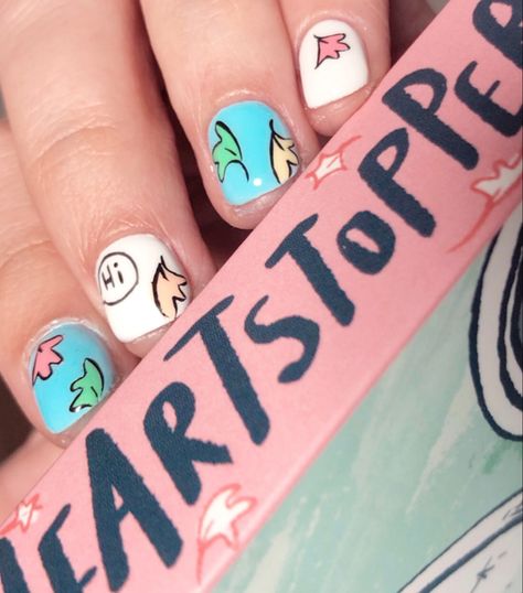 Heartstopper Inspired Nails, Heartstopper Nail Art, Heart Stopper Nails, Heartstopper Nails Ideas, Heartstopper Makeup, Adventure Time Nail Art, Heartstopper Nails, Adventure Time Nails, Pastel Nail Art