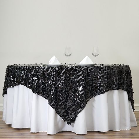 90" Black Premium Big Payette Sequin Square Overlay For Wedding Catering Party Table Decorations