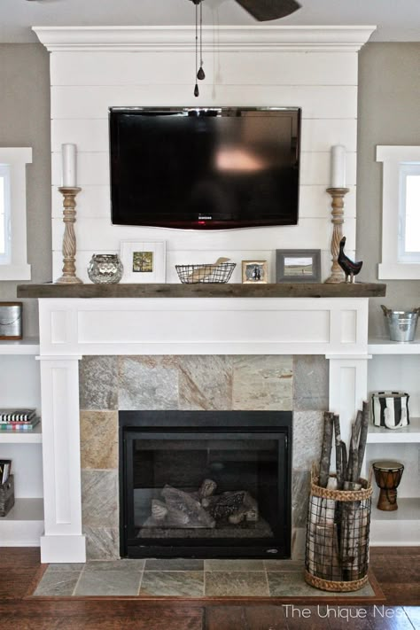 Shiplap Fireplace with reclaimed wood mantle and built-ins ~ www.theuniquenest.com Reclaimed Wood Mantle, Fireplace Makeovers, Fireplace Decorating, Fireplace Tiles, Fireplaces Ideas, Mantel Ideas, Wood Mantle, Fireplace Cover, Shiplap Fireplace