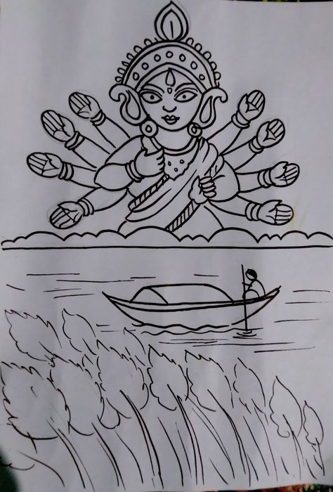 Ma Durga Drawing Easy, Durga Drawing For Kids, Durga Easy Drawing, Dasara Drawing, Navratri Drawing, Durga Drawing, Mandala Elephant Tattoo, Scenery Drawing For Kids, Easy Scenery