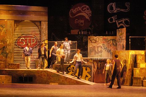 Graffiti Set Design, Lil Shop Of Horrors, Graffiti Backdrop, Set Building, Stage Set Design, Guys And Dolls, East Meets West, West Side Story, Street Graffiti