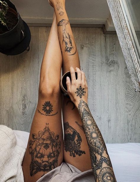 Legs Patchwork Tattoo, Female Above Knee Tattoo, Tattoed Legs Woman, Tattooed Legs Women, Ladies Leg Tattoos For Women, Women Shin Tattoos, Women Full Sleeve Tattoo, Women’s Leg Sleeve, Tattoo Sleeves Women