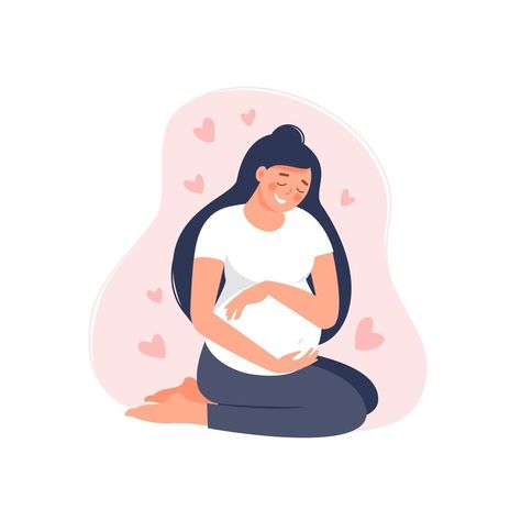 Pregnant Cartoon, Yoga Flyer, Creative Instagram Photo Ideas, Pregnant Woman, Pink Hearts, Flat Illustration, Cartoon Pics, Maternity Pictures, Vector Photo