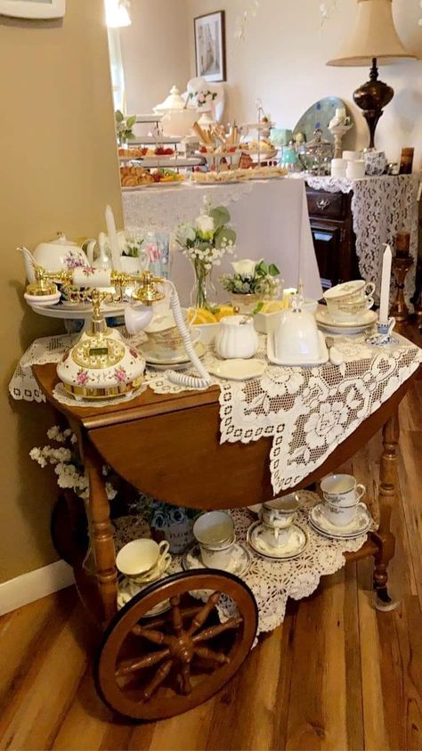 Teacarts Makeover, Farmhouse Tea Cart, Refurbished Tea Cart, Chalk Painted Tea Cart, Antique Tea Cart Updated, Teapot Display, Antique Tea Cart, Tea Setting, Tea Cart