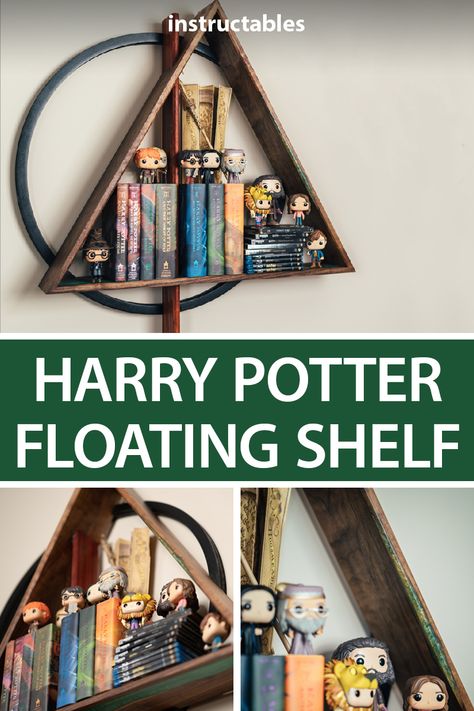 Create a floating shelf that is based on the Deathly Hallows symbol from the Harry Potter series.  #Instructables #wood #woodart  #woodcraft #woodgrain #woodshop #workshop #woodwork #woodworkers #woodworkforall #woodworking #woodworkingproject #carpentry #woodcarving #finewoodworking #furnituredesign #handmadefurniture #furniture #home #decor #homedecor Harry Potter Book Ends Diy, Diy Harry Potter Lamp, Harry Potter Book Display, Harry Potter Key Holder, Harry Potter Home Library, Harry Potter Home Decor Ideas, Harry Potter Wood Projects, Harry Potter Office Ideas, Harry Potter Home Decor Diy