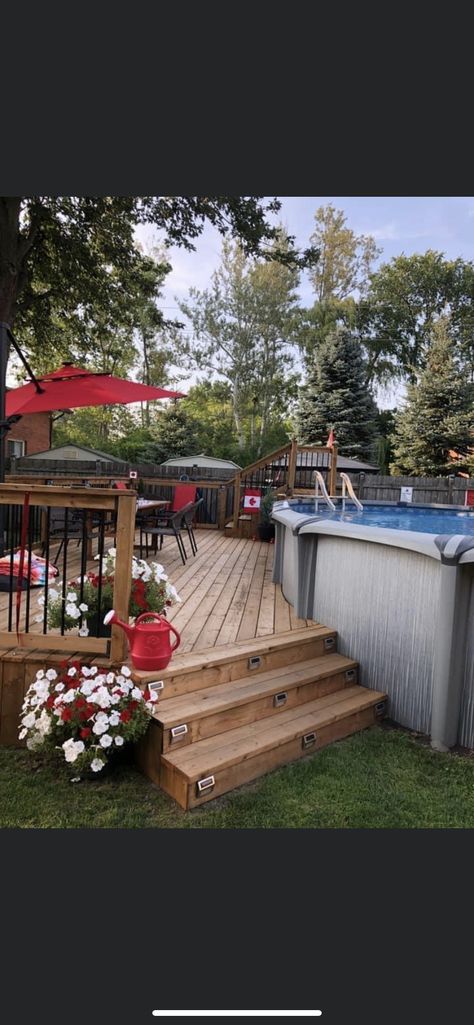 Above Pool Bar Ideas, Pool Off The Deck, Half Pool Deck Ideas, Patio Above Ground Pool Ideas Backyards, Floating Deck By Pool, Backyard Deck Ideas With Pool, Pool Deck On Hillside, Above Ground Pool Against Fence, Above Ground Pool Low Deck