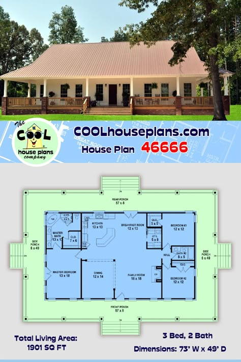 This 1901 sq ft, Three-bedroom, lowcountry style house plan is typical to the type of design found here in Charleston South Carolina or Savannah Georgia. The full wrap around covered porch provides shade to the perimeter of the house helping to keep the house cooler during the warm humid summers. An open floor plan, formal dining room, large secluded master bedroom and large kitchen island are features of this southern style home design. #lowcountry #southernhomeplans #country Square House Plans Open Floor, Ranch Style Floor Plans Open, Open Floor Plan Ranch House, House Plans With Wrap Around Porch, Ranch Style Homes Plans Open Floor, 3 Bedroom Ranch Floor Plans, Wrap Around Porch House Plans, Lowcountry House, Lowcountry House Plans