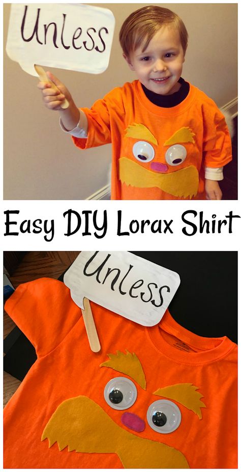 Easy DIY Lorax Shirt  to Celebrate Dr. Seuss' Birthday & Read Across America Day Easy Dr Seuss Character Costume, Dr Suess Spirit Week Outfit Ideas, Dress Like Dr Seuss Character Easy, Dr Seuss Teacher Costume, Seuss Character Costumes Diy, Dr Seuss Characters Costumes, Sneeches Dr Seuss Costume, Lorax Dress Up, Dr Seuss School Costumes