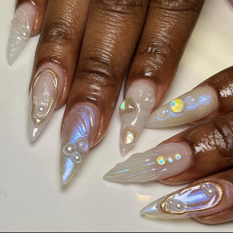 Fairy Chrome Nails, Chrome Wave Nails, Ocean Chrome Nails, Pearl Beach Nails, Ocean Pearl Nails, Beach 3d Nails, Beach Chrome Nails, Square Mermaid Nails, 3d Beach Nails