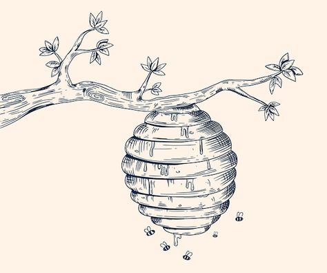 Hand drawn beehive drawing illustration | Free Vector #Freepik #freevector #line-art #hand-drawn-illustration #drawing #hand-drawn Beehive Designs, Bee And Hive Drawing, Bee House Drawing, Bee Hive Drawings, Hive Drawing, Beehive Painting, Bee Designs, Honey Bee Sketch, Cute Bee Hive Drawing