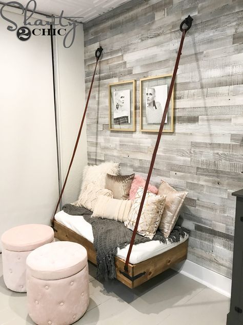 Create a faux hanging bench!  This is super easy and uses a baby mattress for the cushion :-) Hanging Bench, Free Furniture Plans, Swing Bed, Wood Furniture Plans, Hanging Furniture, Smart Tiles, Farmhouse Side Table, Hanging Bed, Floating Bed