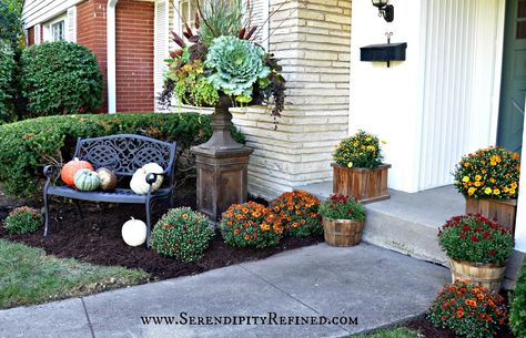 Fall Potted Plants, Porch Urns, Yard Benches, Repurposed Crafts, Front Porch Flowers, Front Yard Patio, Front Porch Planters, Front Yard Decor, Porch Flowers