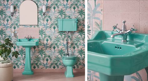 Turquoise Bathroom Suite, Coloured Bathroom Suite, Mint Green Bathrooms, Coloured Bathroom, Cabin Makeover, Burlington Bathroom, Aqua Bathroom, Colourful Bathroom, Turquoise Bathroom