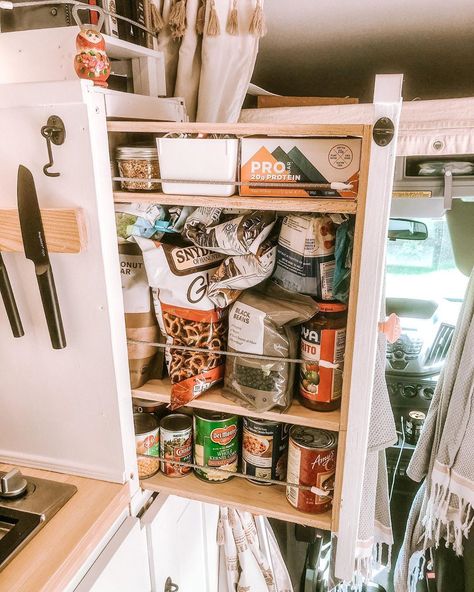 The Griggs Family on Instagram: “We like snacks and we don’t care who knows! 🥨🍿🍭🍬🍫🍪🥜🧃🥫⁣ ⁣ Welcome to our vantry (van + pantry). It’s tall person pull-out height so we don’t…” Van Life Pantry, Remodeling Camper, Pull Out Pantry, Caravan Interior, Van Build, Tall Person, Camper Remodel, Remodeled Campers, Camper Trailers