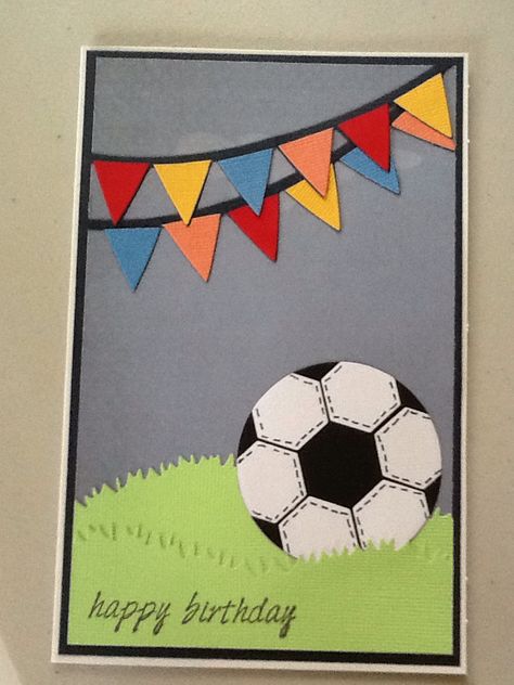 Kaiser craft banner die. MFT grass die. Soccer ball made from Stampin up Hexagon die. Soccer Cards Handmade, Soccer Birthday Cards Diy, Soccer Birthday Cards Handmade, Handmade Football Themed Birthday Cards, Birthday Cards Soccer Theme, Diy Eid Gifts, Easy Birthday Cards Diy, Soccer Cards, Handmade Greeting Card Designs