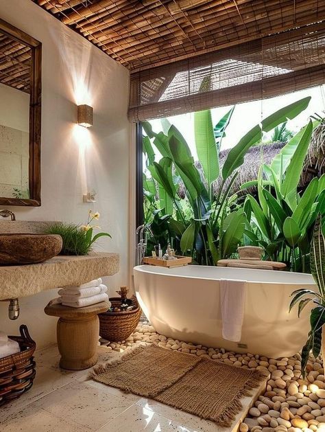 Bali Boho Interior, Modern Balinese Interior Design Bali Style, Costa Rica Bathroom, Bali Villa Bathroom, Bali Bathroom Ideas, Bali Inspired Home, Bali Beach House, Bali Bathroom, Bali Interior Design