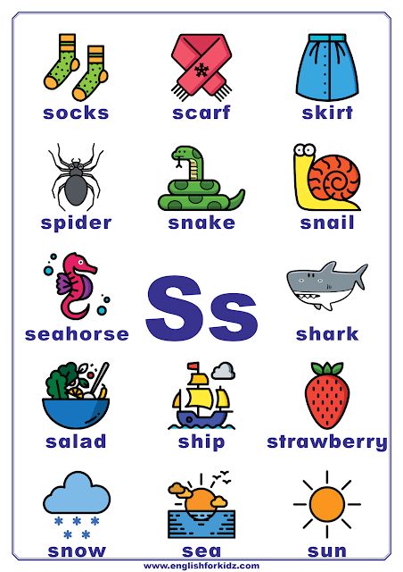 English alphabet poster to learn letter S S Pictures Letter, Phonics Letter S Activities, S Words Preschool, S Letter Words With Pictures, Letter S Worksheets Kindergarten, S Sound Words, Letter S Kindergarten, S Word Letter, Words That Start With A