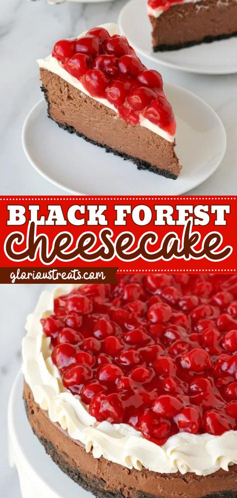 Add this Black Forest Cheesecake to your favorite Father's Day dessert ideas! This luscious homemade cake is rich and creamy! It makes a beautiful Father's Day cake! Black Forest Cheesecake Recipe, Forest Dessert, Quick Cheesecake, Cheesecake With Whipped Cream, Black Forest Cheesecake, Creamy Chocolate Cheesecake, Chocolate Cheesecake Recipes, Holiday Baking Recipes, Baked Cheesecake Recipe